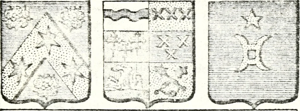 An illustration from Armorial des principales maisons et familles du royaume, particulierement des celles de Paris et de l'Isle de France : contenant les armes des princes, seigneurs, grands officiers de la couronne & de la maison du roi, celles des cours souveraines, &c. avec l'explication de tous les blasons, 1757, leaf 430