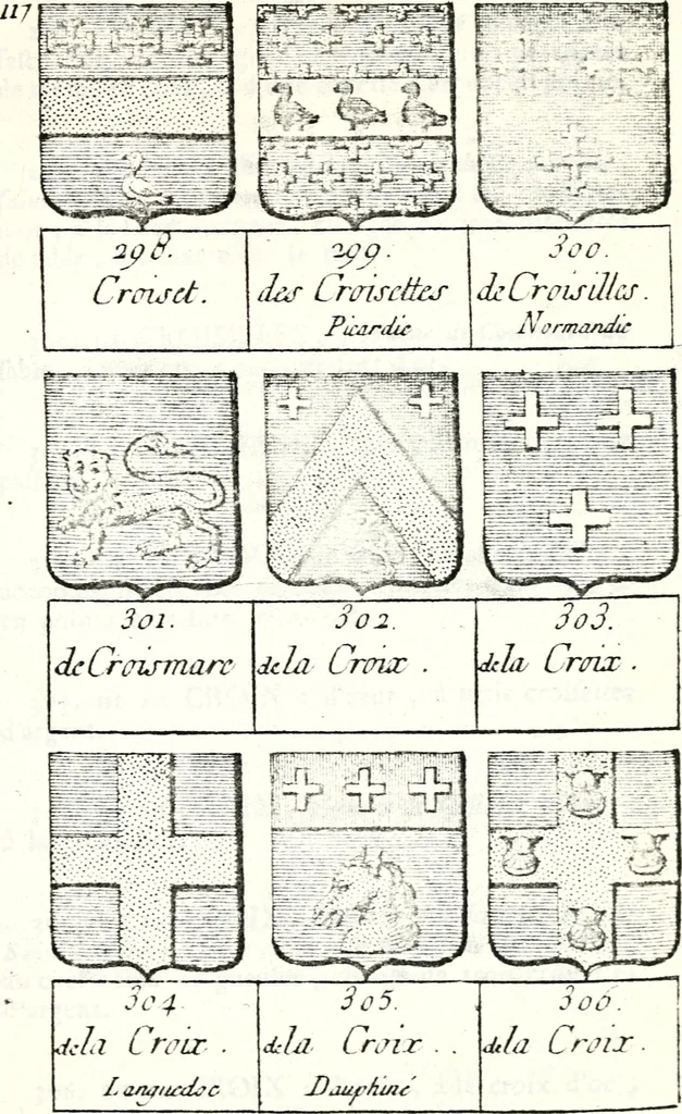 An illustration from Armorial des principales maisons et familles du royaume, particulierement des celles de Paris et de l'Isle de France : contenant les armes des princes, seigneurs, grands officiers de la couronne & de la maison du roi, celles des cours souveraines, &c. avec l'explication de tous les blasons, 1757, leaf 434