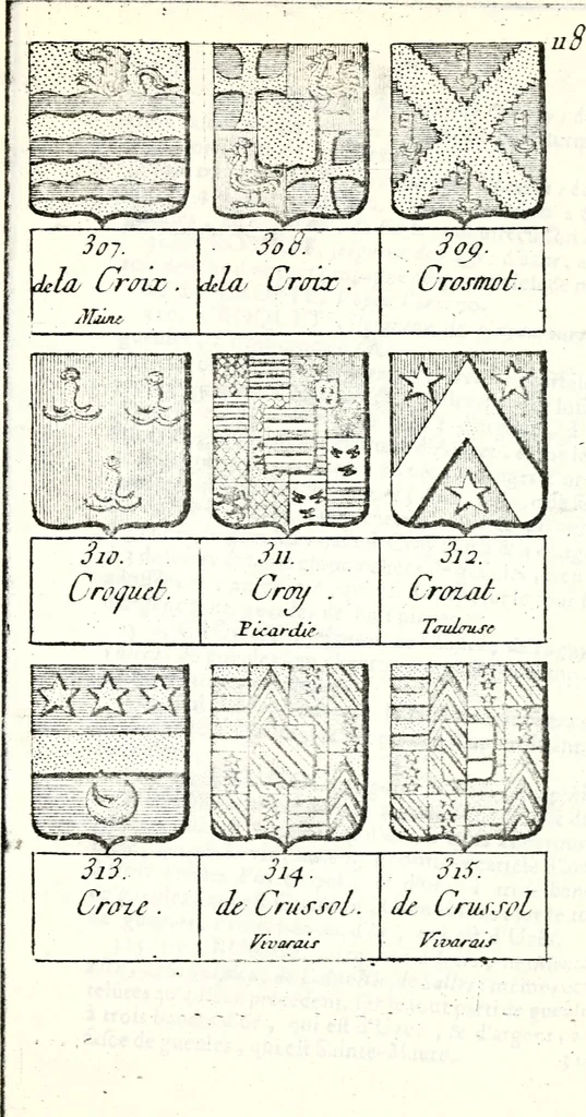 An illustration from Armorial des principales maisons et familles du royaume, particulierement des celles de Paris et de l'Isle de France : contenant les armes des princes, seigneurs, grands officiers de la couronne & de la maison du roi, celles des cours souveraines, &c. avec l'explication de tous les blasons, 1757, leaf 438
