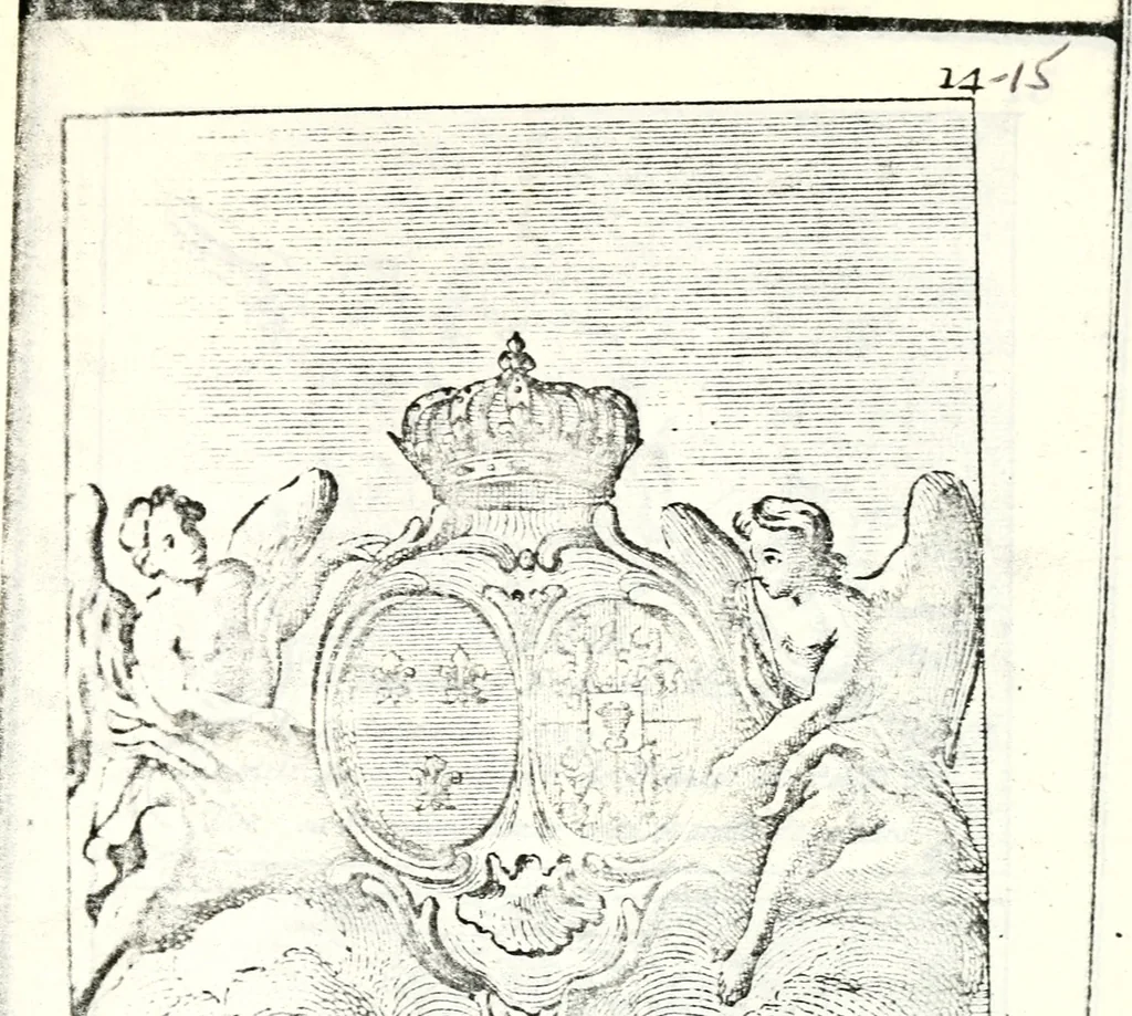 An illustration from Armorial des principales maisons et familles du royaume, particulierement des celles de Paris et de l'Isle de France : contenant les armes des princes, seigneurs, grands officiers de la couronne & de la maison du roi, celles des cours souveraines, &c. avec l'explication de tous les blasons, 1757, leaf 44