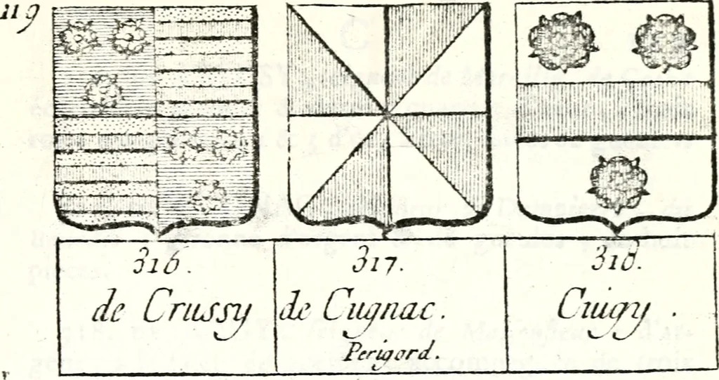 An illustration from Armorial des principales maisons et familles du royaume, particulierement des celles de Paris et de l'Isle de France : contenant les armes des princes, seigneurs, grands officiers de la couronne & de la maison du roi, celles des cours souveraines, &c. avec l'explication de tous les blasons, 1757, leaf 442