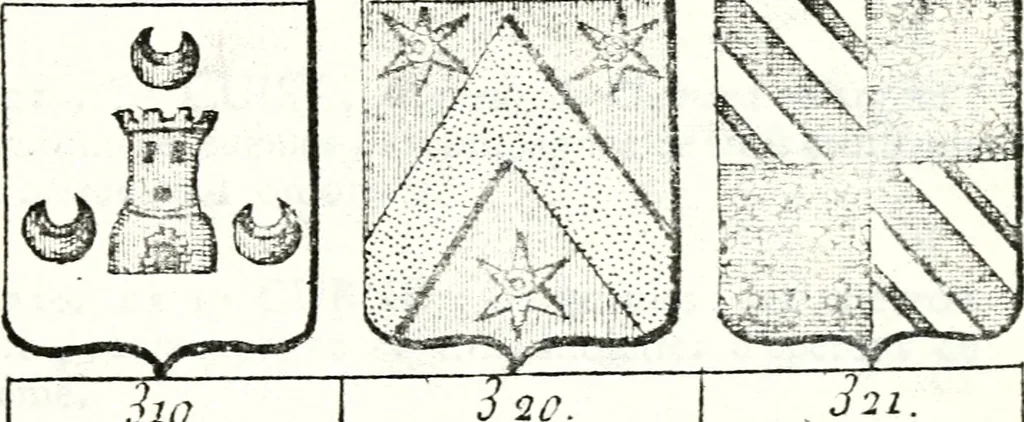An illustration from Armorial des principales maisons et familles du royaume, particulierement des celles de Paris et de l'Isle de France : contenant les armes des princes, seigneurs, grands officiers de la couronne & de la maison du roi, celles des cours souveraines, &c. avec l'explication de tous les blasons, 1757, leaf 442