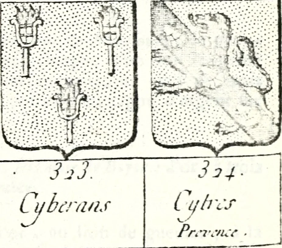 An illustration from Armorial des principales maisons et familles du royaume, particulierement des celles de Paris et de l'Isle de France : contenant les armes des princes, seigneurs, grands officiers de la couronne & de la maison du roi, celles des cours souveraines, &c. avec l'explication de tous les blasons, 1757, leaf 442