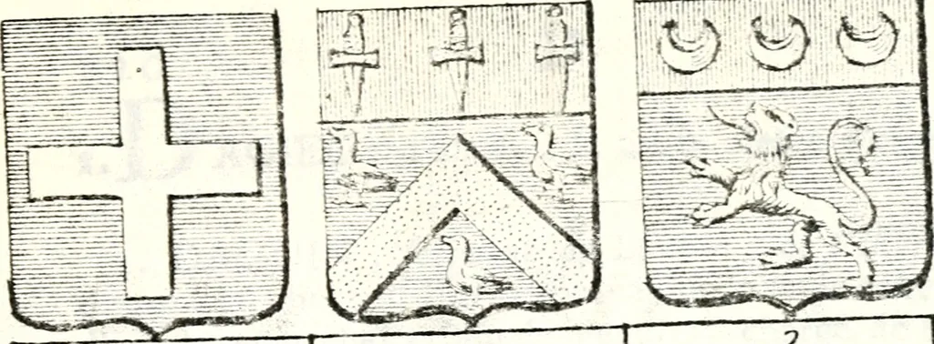 An illustration from Armorial des principales maisons et familles du royaume, particulierement des celles de Paris et de l'Isle de France : contenant les armes des princes, seigneurs, grands officiers de la couronne & de la maison du roi, celles des cours souveraines, &c. avec l'explication de tous les blasons, 1757, leaf 446