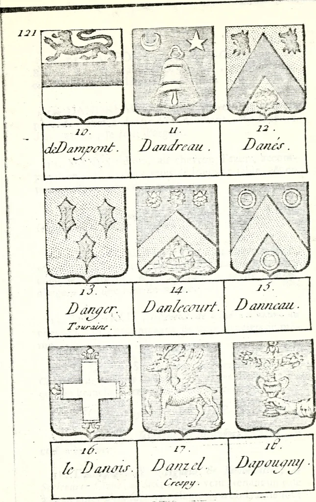 An illustration from Armorial des principales maisons et familles du royaume, particulierement des celles de Paris et de l'Isle de France : contenant les armes des princes, seigneurs, grands officiers de la couronne & de la maison du roi, celles des cours souveraines, &c. avec l'explication de tous les blasons, 1757, leaf 450