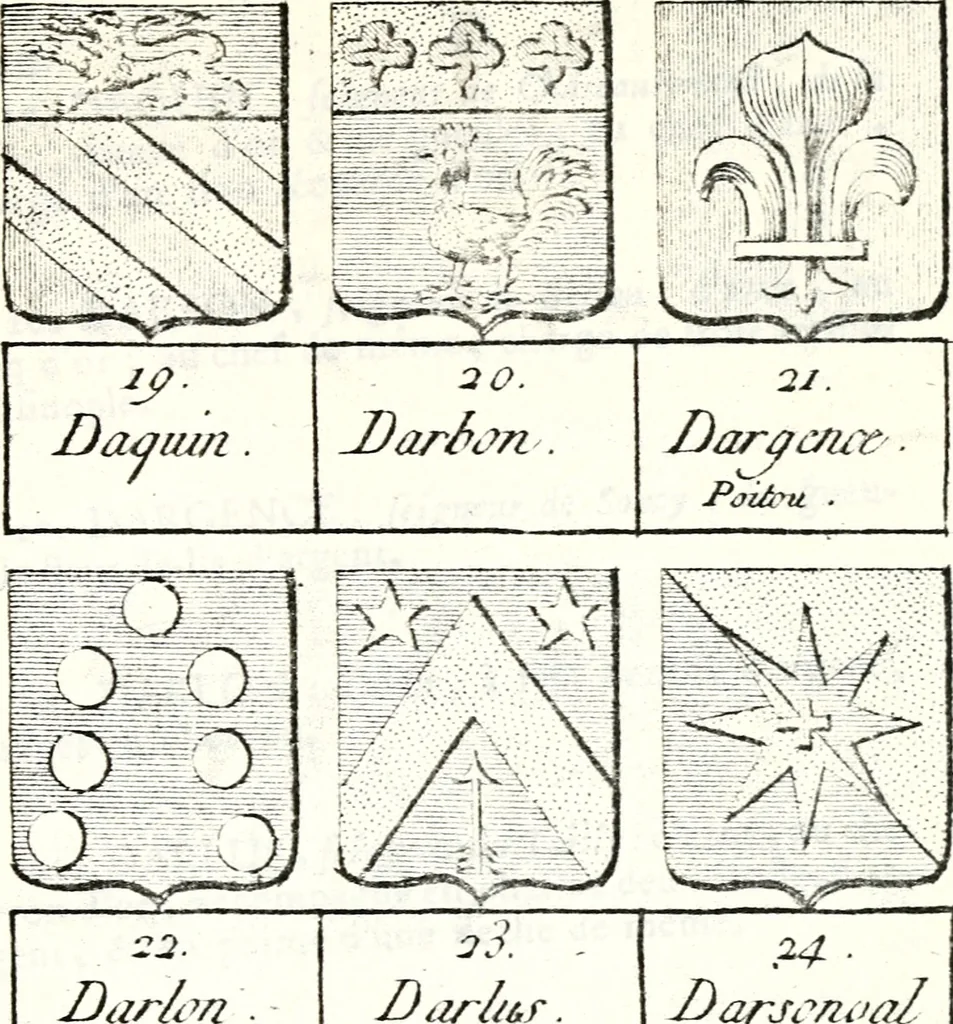 An illustration from Armorial des principales maisons et familles du royaume, particulierement des celles de Paris et de l'Isle de France : contenant les armes des princes, seigneurs, grands officiers de la couronne & de la maison du roi, celles des cours souveraines, &c. avec l'explication de tous les blasons, 1757, leaf 454