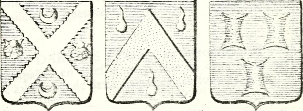 An illustration from Armorial des principales maisons et familles du royaume, particulierement des celles de Paris et de l'Isle de France : contenant les armes des princes, seigneurs, grands officiers de la couronne & de la maison du roi, celles des cours souveraines, &c. avec l'explication de tous les blasons, 1757, leaf 454