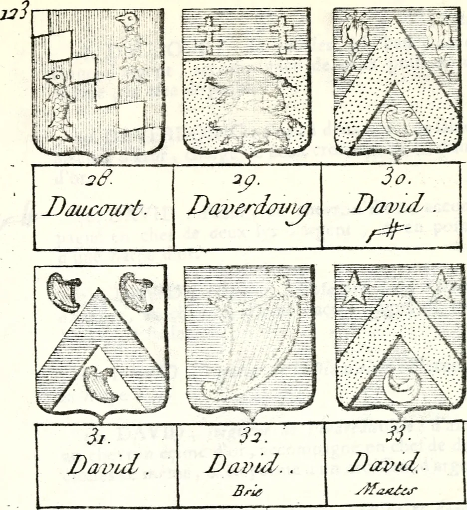 An illustration from Armorial des principales maisons et familles du royaume, particulierement des celles de Paris et de l'Isle de France : contenant les armes des princes, seigneurs, grands officiers de la couronne & de la maison du roi, celles des cours souveraines, &c. avec l'explication de tous les blasons, 1757, leaf 458