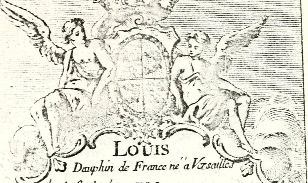 An illustration from Armorial des principales maisons et familles du royaume, particulierement des celles de Paris et de l'Isle de France : contenant les armes des princes, seigneurs, grands officiers de la couronne & de la maison du roi, celles des cours souveraines, &c. avec l'explication de tous les blasons, 1757, leaf 46