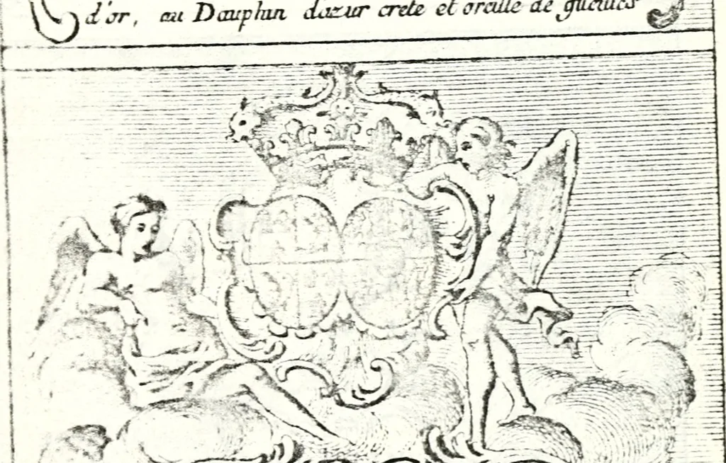 An illustration from Armorial des principales maisons et familles du royaume, particulierement des celles de Paris et de l'Isle de France : contenant les armes des princes, seigneurs, grands officiers de la couronne & de la maison du roi, celles des cours souveraines, &c. avec l'explication de tous les blasons, 1757, leaf 46