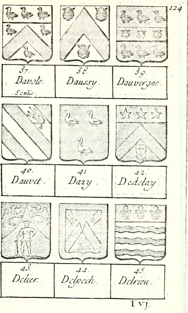 An illustration from Armorial des principales maisons et familles du royaume, particulierement des celles de Paris et de l'Isle de France : contenant les armes des princes, seigneurs, grands officiers de la couronne & de la maison du roi, celles des cours souveraines, &c. avec l'explication de tous les blasons, 1757, leaf 462