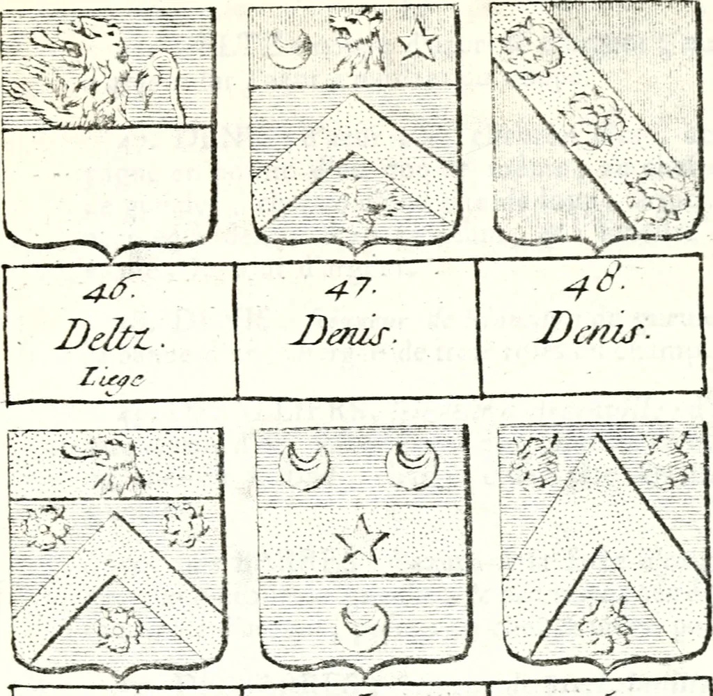 An illustration from Armorial des principales maisons et familles du royaume, particulierement des celles de Paris et de l'Isle de France : contenant les armes des princes, seigneurs, grands officiers de la couronne & de la maison du roi, celles des cours souveraines, &c. avec l'explication de tous les blasons, 1757, leaf 466