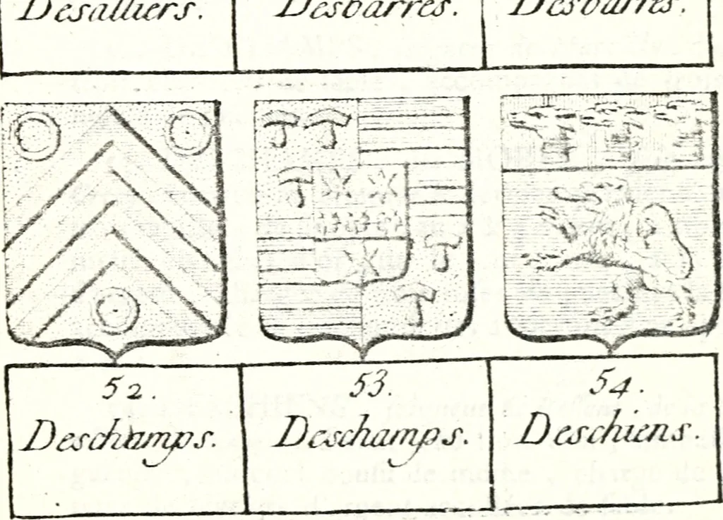 An illustration from Armorial des principales maisons et familles du royaume, particulierement des celles de Paris et de l'Isle de France : contenant les armes des princes, seigneurs, grands officiers de la couronne & de la maison du roi, celles des cours souveraines, &c. avec l'explication de tous les blasons, 1757, leaf 466