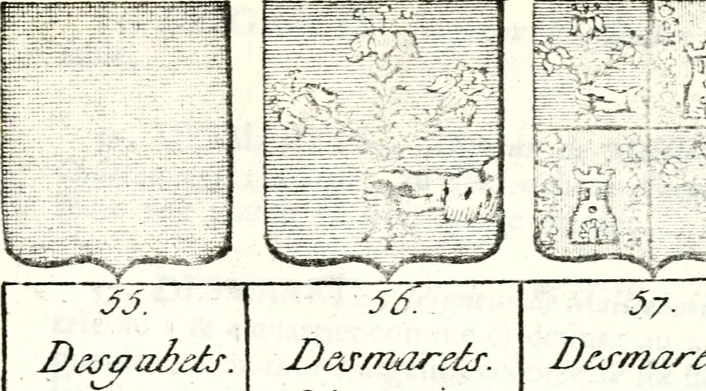 An illustration from Armorial des principales maisons et familles du royaume, particulierement des celles de Paris et de l'Isle de France : contenant les armes des princes, seigneurs, grands officiers de la couronne & de la maison du roi, celles des cours souveraines, &c. avec l'explication de tous les blasons, 1757, leaf 470
