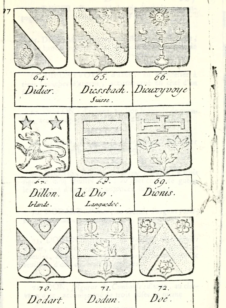 An illustration from Armorial des principales maisons et familles du royaume, particulierement des celles de Paris et de l'Isle de France : contenant les armes des princes, seigneurs, grands officiers de la couronne & de la maison du roi, celles des cours souveraines, &c. avec l'explication de tous les blasons, 1757, leaf 474