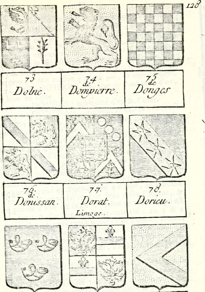 An illustration from Armorial des principales maisons et familles du royaume, particulierement des celles de Paris et de l'Isle de France : contenant les armes des princes, seigneurs, grands officiers de la couronne & de la maison du roi, celles des cours souveraines, &c. avec l'explication de tous les blasons, 1757, leaf 478