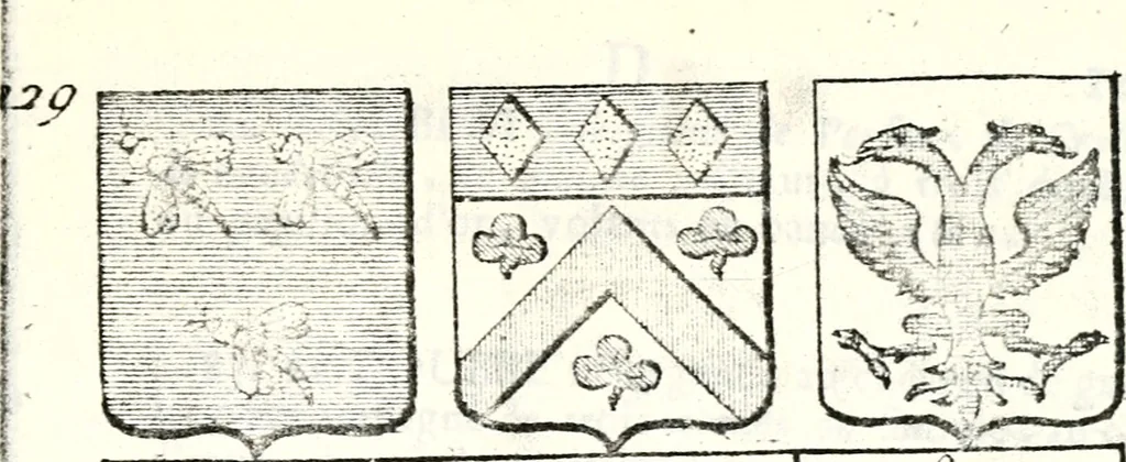 An illustration from Armorial des principales maisons et familles du royaume, particulierement des celles de Paris et de l'Isle de France : contenant les armes des princes, seigneurs, grands officiers de la couronne & de la maison du roi, celles des cours souveraines, &c. avec l'explication de tous les blasons, 1757, leaf 482