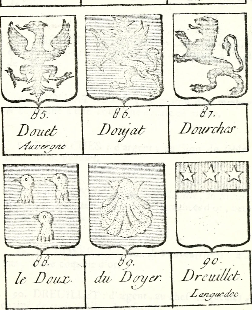 An illustration from Armorial des principales maisons et familles du royaume, particulierement des celles de Paris et de l'Isle de France : contenant les armes des princes, seigneurs, grands officiers de la couronne & de la maison du roi, celles des cours souveraines, &c. avec l'explication de tous les blasons, 1757, leaf 482