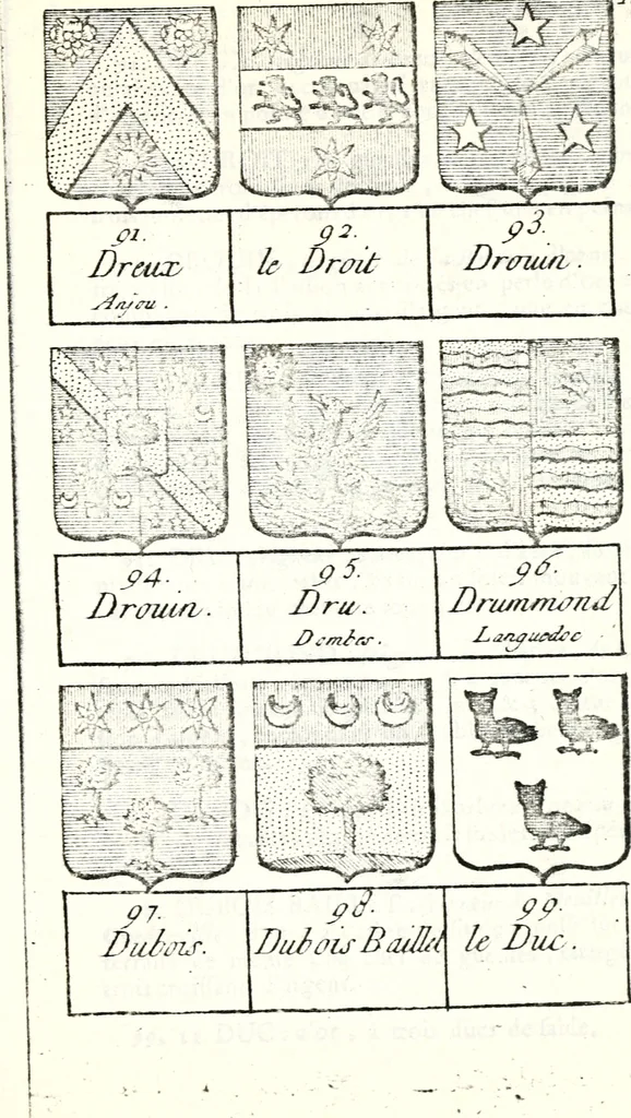 An illustration from Armorial des principales maisons et familles du royaume, particulierement des celles de Paris et de l'Isle de France : contenant les armes des princes, seigneurs, grands officiers de la couronne & de la maison du roi, celles des cours souveraines, &c. avec l'explication de tous les blasons, 1757, leaf 486