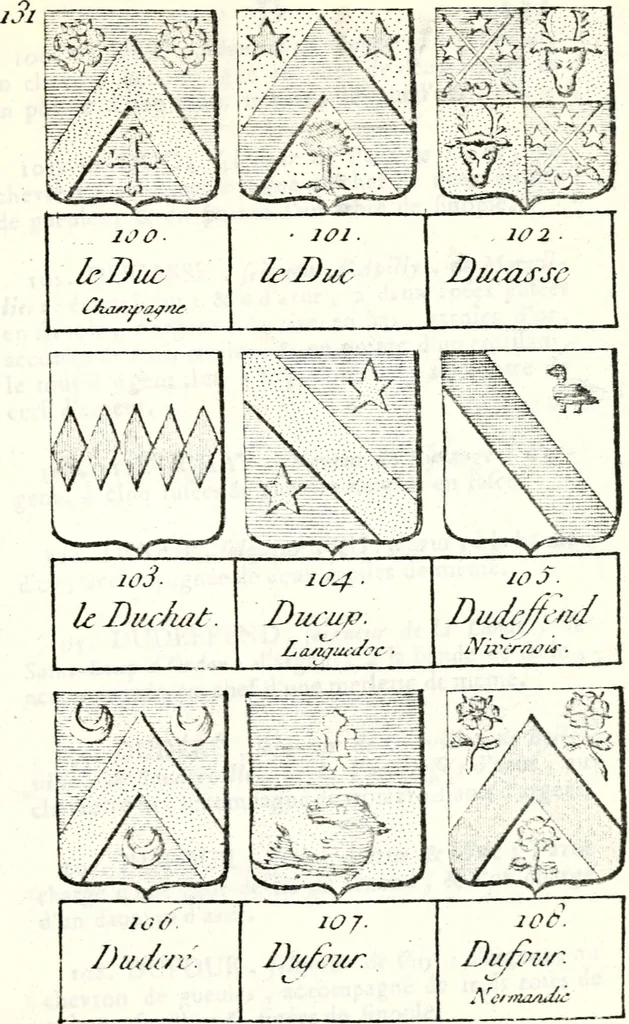 An illustration from Armorial des principales maisons et familles du royaume, particulierement des celles de Paris et de l'Isle de France : contenant les armes des princes, seigneurs, grands officiers de la couronne & de la maison du roi, celles des cours souveraines, &c. avec l'explication de tous les blasons, 1757, leaf 490