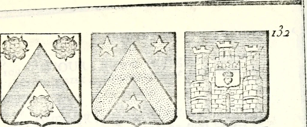 An illustration from Armorial des principales maisons et familles du royaume, particulierement des celles de Paris et de l'Isle de France : contenant les armes des princes, seigneurs, grands officiers de la couronne & de la maison du roi, celles des cours souveraines, &c. avec l'explication de tous les blasons, 1757, leaf 494