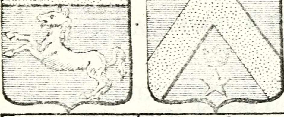 An illustration from Armorial des principales maisons et familles du royaume, particulierement des celles de Paris et de l'Isle de France : contenant les armes des princes, seigneurs, grands officiers de la couronne & de la maison du roi, celles des cours souveraines, &c. avec l'explication de tous les blasons, 1757, leaf 494