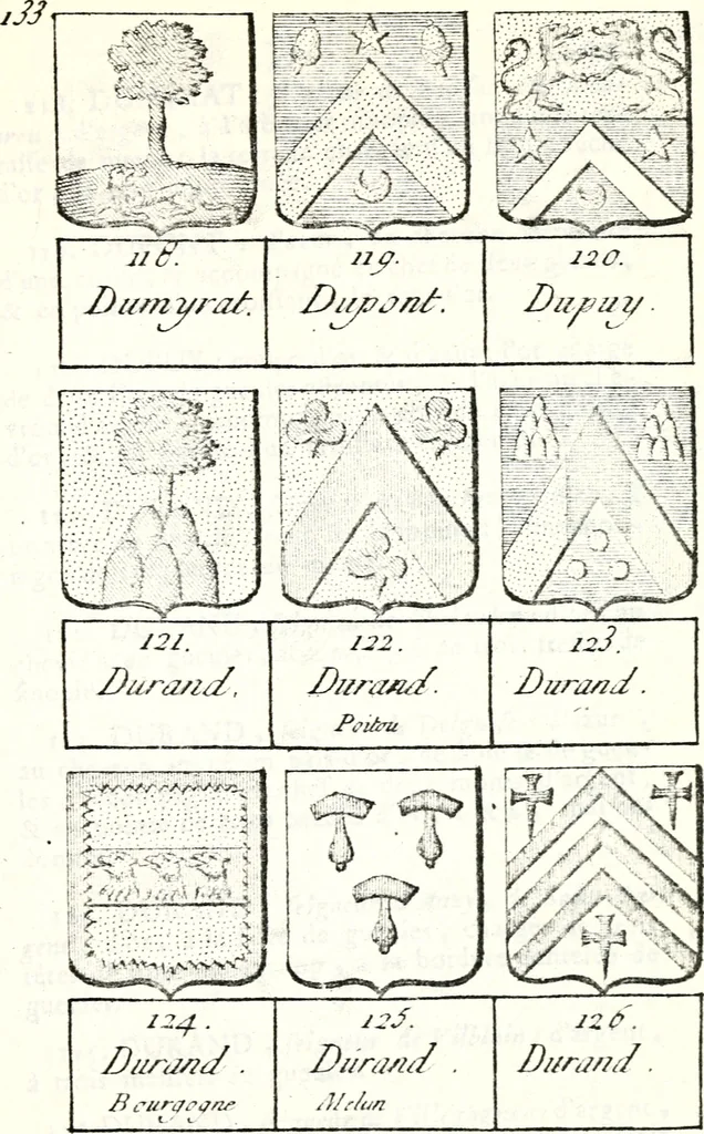 An illustration from Armorial des principales maisons et familles du royaume, particulierement des celles de Paris et de l'Isle de France : contenant les armes des princes, seigneurs, grands officiers de la couronne & de la maison du roi, celles des cours souveraines, &c. avec l'explication de tous les blasons, 1757, leaf 498