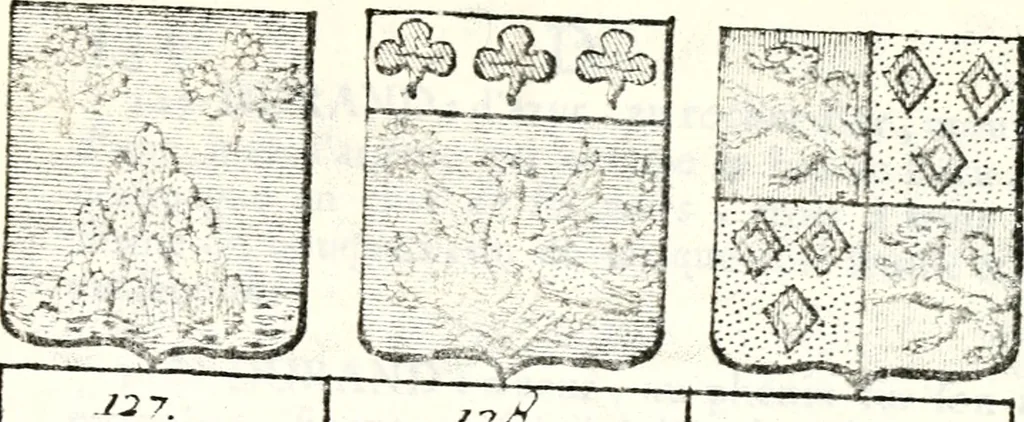 An illustration from Armorial des principales maisons et familles du royaume, particulierement des celles de Paris et de l'Isle de France : contenant les armes des princes, seigneurs, grands officiers de la couronne & de la maison du roi, celles des cours souveraines, &c. avec l'explication de tous les blasons, 1757, leaf 502