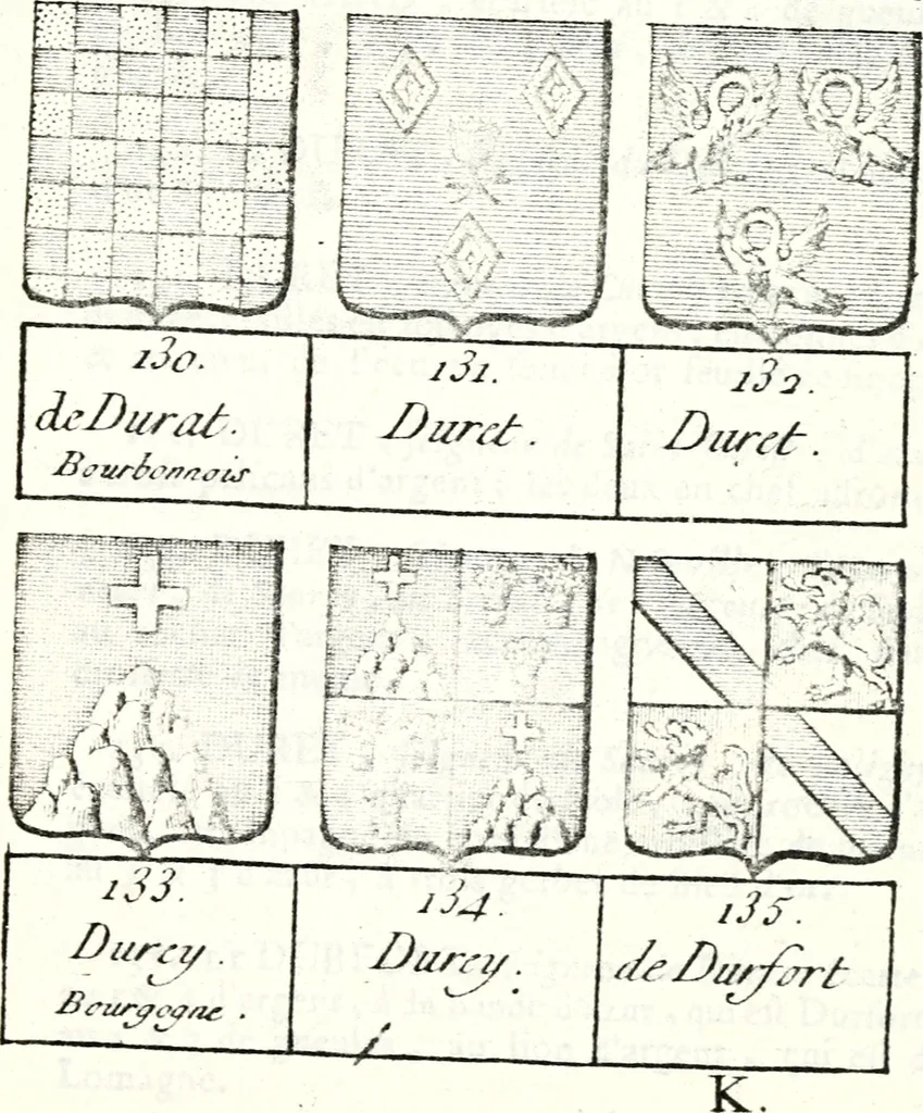 An illustration from Armorial des principales maisons et familles du royaume, particulierement des celles de Paris et de l'Isle de France : contenant les armes des princes, seigneurs, grands officiers de la couronne & de la maison du roi, celles des cours souveraines, &c. avec l'explication de tous les blasons, 1757, leaf 502