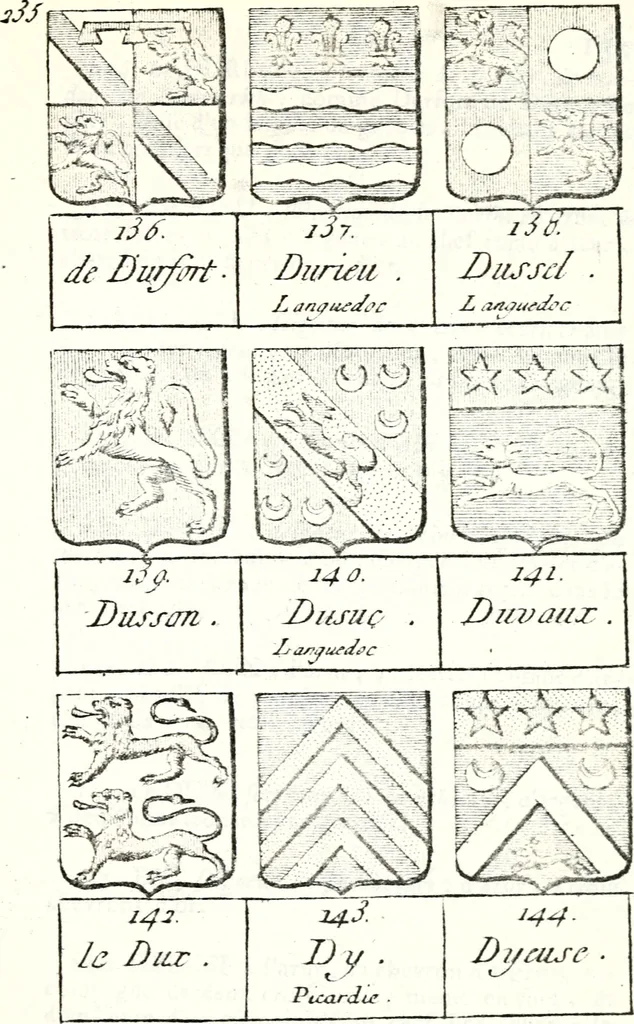 An illustration from Armorial des principales maisons et familles du royaume, particulierement des celles de Paris et de l'Isle de France : contenant les armes des princes, seigneurs, grands officiers de la couronne & de la maison du roi, celles des cours souveraines, &c. avec l'explication de tous les blasons, 1757, leaf 506