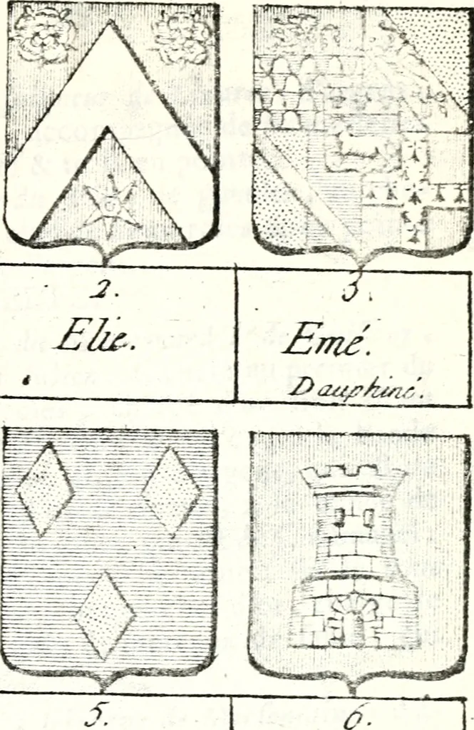 An illustration from Armorial des principales maisons et familles du royaume, particulierement des celles de Paris et de l'Isle de France : contenant les armes des princes, seigneurs, grands officiers de la couronne & de la maison du roi, celles des cours souveraines, &c. avec l'explication de tous les blasons, 1757, leaf 510
