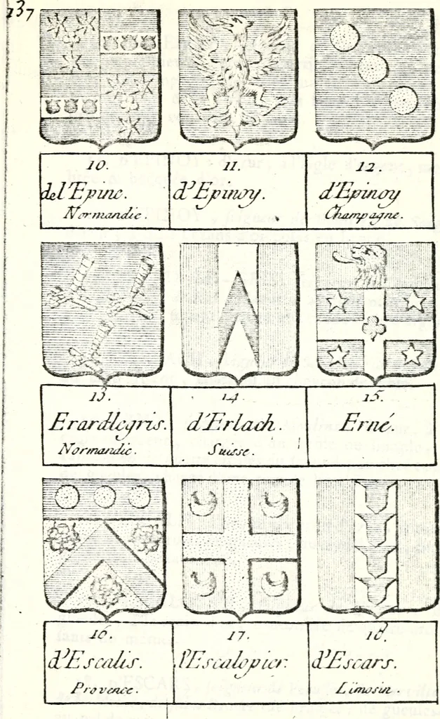 An illustration from Armorial des principales maisons et familles du royaume, particulierement des celles de Paris et de l'Isle de France : contenant les armes des princes, seigneurs, grands officiers de la couronne & de la maison du roi, celles des cours souveraines, &c. avec l'explication de tous les blasons, 1757, leaf 514