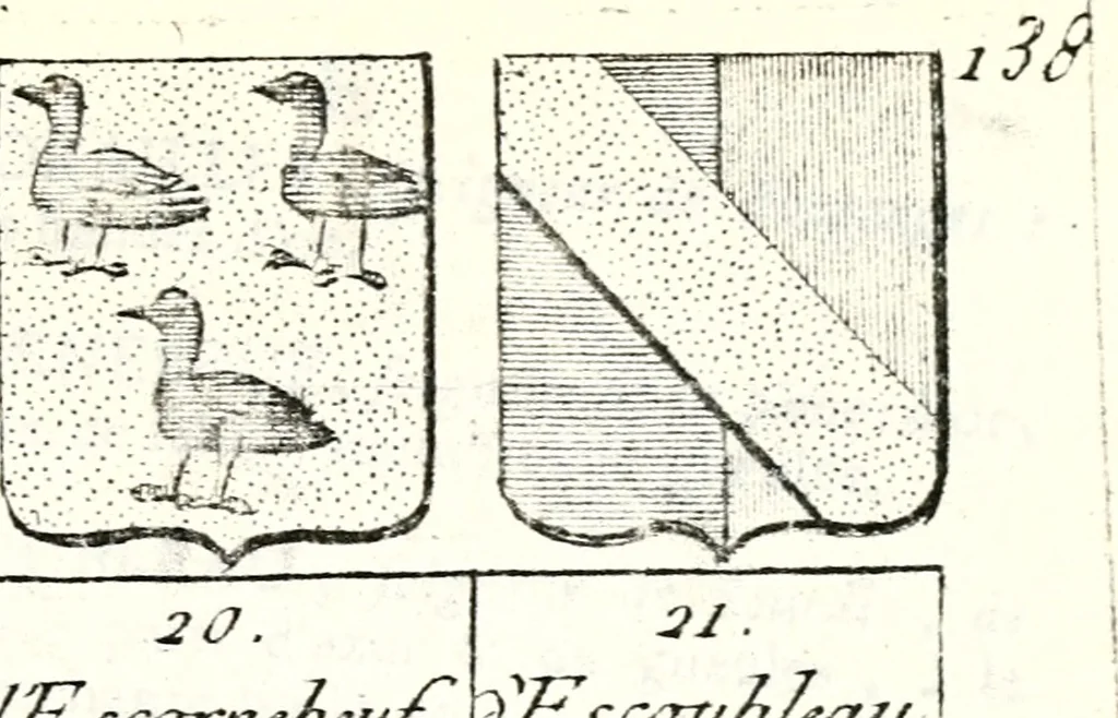 An illustration from Armorial des principales maisons et familles du royaume, particulierement des celles de Paris et de l'Isle de France : contenant les armes des princes, seigneurs, grands officiers de la couronne & de la maison du roi, celles des cours souveraines, &c. avec l'explication de tous les blasons, 1757, leaf 518