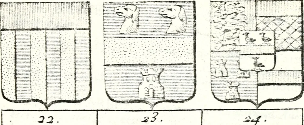 An illustration from Armorial des principales maisons et familles du royaume, particulierement des celles de Paris et de l'Isle de France : contenant les armes des princes, seigneurs, grands officiers de la couronne & de la maison du roi, celles des cours souveraines, &c. avec l'explication de tous les blasons, 1757, leaf 518