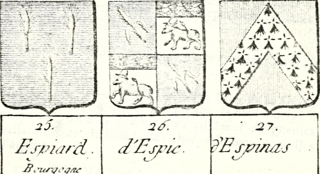 An illustration from Armorial des principales maisons et familles du royaume, particulierement des celles de Paris et de l'Isle de France : contenant les armes des princes, seigneurs, grands officiers de la couronne & de la maison du roi, celles des cours souveraines, &c. avec l'explication de tous les blasons, 1757, leaf 518