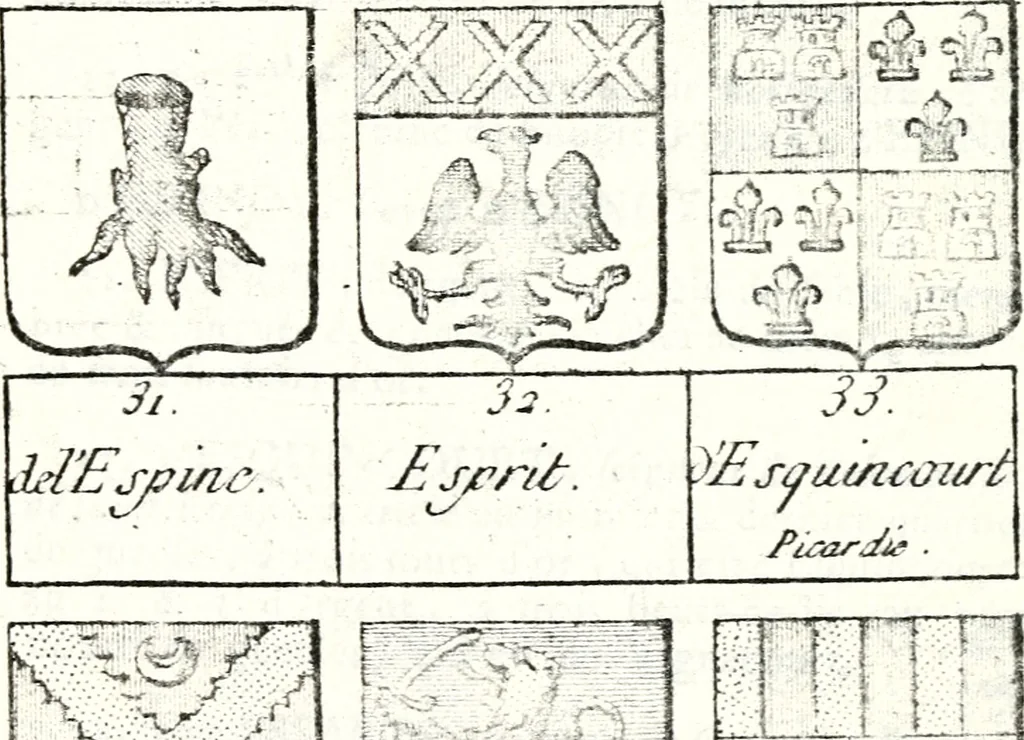 An illustration from Armorial des principales maisons et familles du royaume, particulierement des celles de Paris et de l'Isle de France : contenant les armes des princes, seigneurs, grands officiers de la couronne & de la maison du roi, celles des cours souveraines, &c. avec l'explication de tous les blasons, 1757, leaf 522