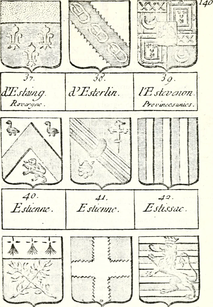An illustration from Armorial des principales maisons et familles du royaume, particulierement des celles de Paris et de l'Isle de France : contenant les armes des princes, seigneurs, grands officiers de la couronne & de la maison du roi, celles des cours souveraines, &c. avec l'explication de tous les blasons, 1757, leaf 526