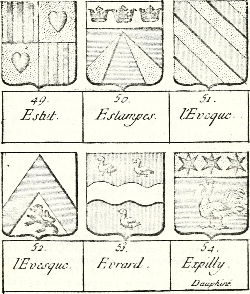 An illustration from Armorial des principales maisons et familles du royaume, particulierement des celles de Paris et de l'Isle de France : contenant les armes des princes, seigneurs, grands officiers de la couronne & de la maison du roi, celles des cours souveraines, &c. avec l'explication de tous les blasons, 1757, leaf 530