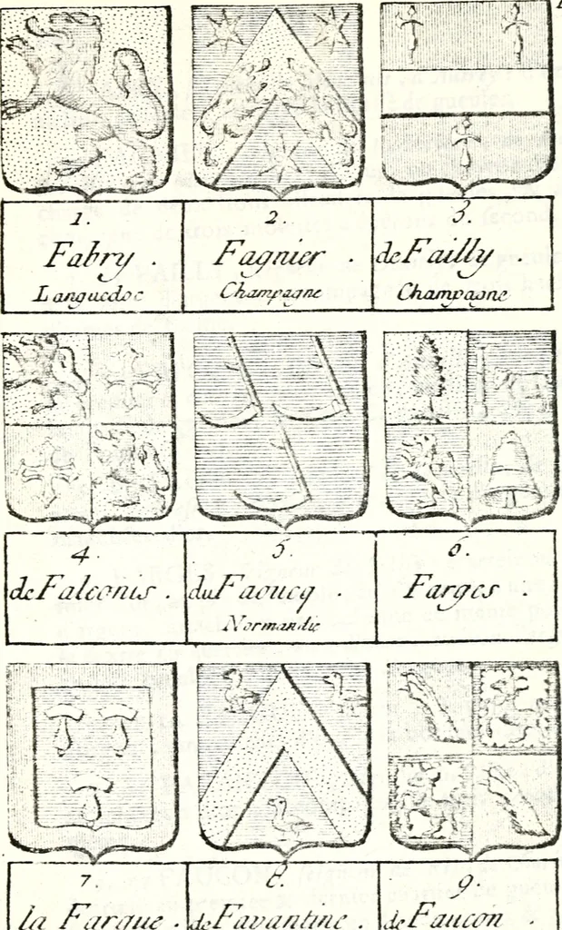 An illustration from Armorial des principales maisons et familles du royaume, particulierement des celles de Paris et de l'Isle de France : contenant les armes des princes, seigneurs, grands officiers de la couronne & de la maison du roi, celles des cours souveraines, &c. avec l'explication de tous les blasons, 1757, leaf 534