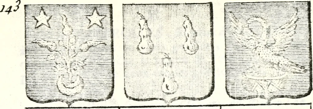 An illustration from Armorial des principales maisons et familles du royaume, particulierement des celles de Paris et de l'Isle de France : contenant les armes des princes, seigneurs, grands officiers de la couronne & de la maison du roi, celles des cours souveraines, &c. avec l'explication de tous les blasons, 1757, leaf 538
