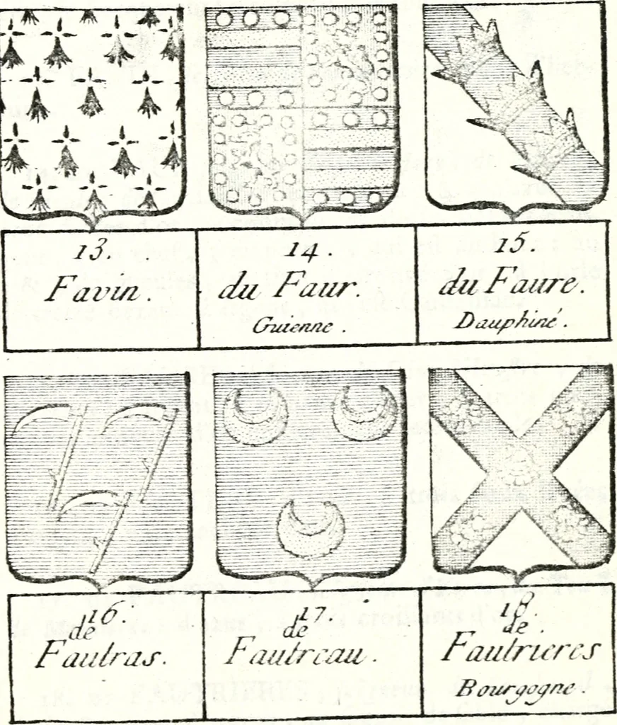 An illustration from Armorial des principales maisons et familles du royaume, particulierement des celles de Paris et de l'Isle de France : contenant les armes des princes, seigneurs, grands officiers de la couronne & de la maison du roi, celles des cours souveraines, &c. avec l'explication de tous les blasons, 1757, leaf 538