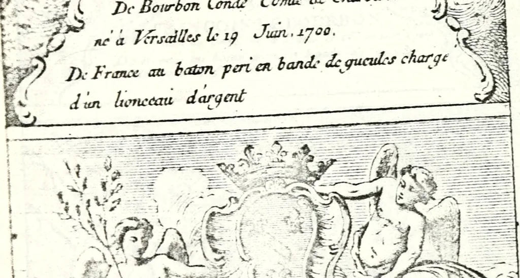 An illustration from Armorial des principales maisons et familles du royaume, particulierement des celles de Paris et de l'Isle de France : contenant les armes des princes, seigneurs, grands officiers de la couronne & de la maison du roi, celles des cours souveraines, &c. avec l'explication de tous les blasons, 1757, leaf 54