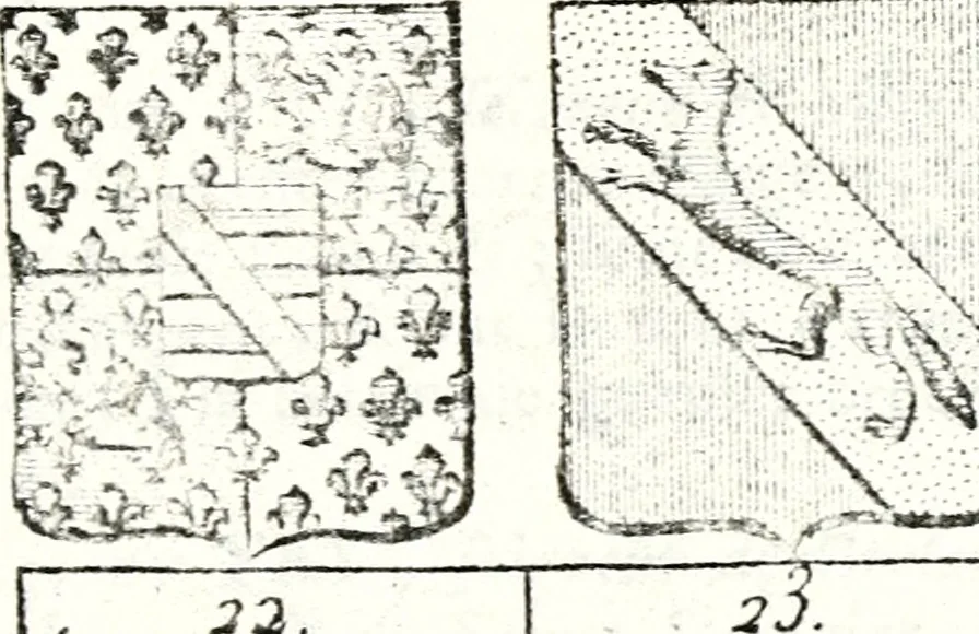 An illustration from Armorial des principales maisons et familles du royaume, particulierement des celles de Paris et de l'Isle de France : contenant les armes des princes, seigneurs, grands officiers de la couronne & de la maison du roi, celles des cours souveraines, &c. avec l'explication de tous les blasons, 1757, leaf 542