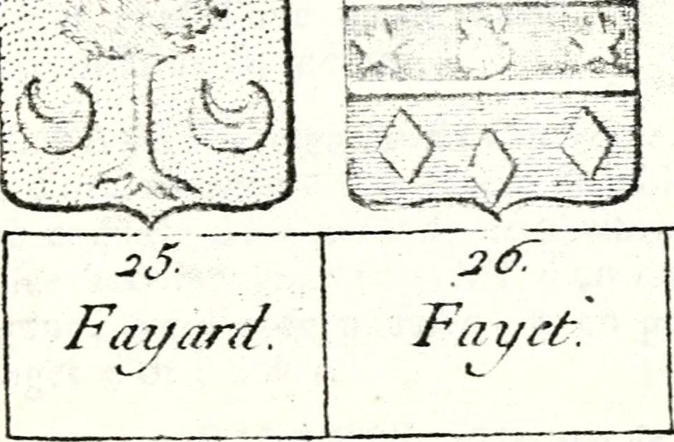 An illustration from Armorial des principales maisons et familles du royaume, particulierement des celles de Paris et de l'Isle de France : contenant les armes des princes, seigneurs, grands officiers de la couronne & de la maison du roi, celles des cours souveraines, &c. avec l'explication de tous les blasons, 1757, leaf 542