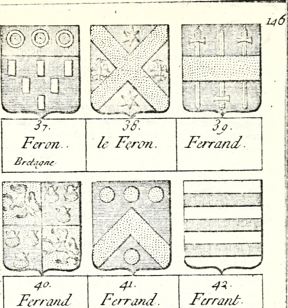 An illustration from Armorial des principales maisons et familles du royaume, particulierement des celles de Paris et de l'Isle de France : contenant les armes des princes, seigneurs, grands officiers de la couronne & de la maison du roi, celles des cours souveraines, &c. avec l'explication de tous les blasons, 1757, leaf 550