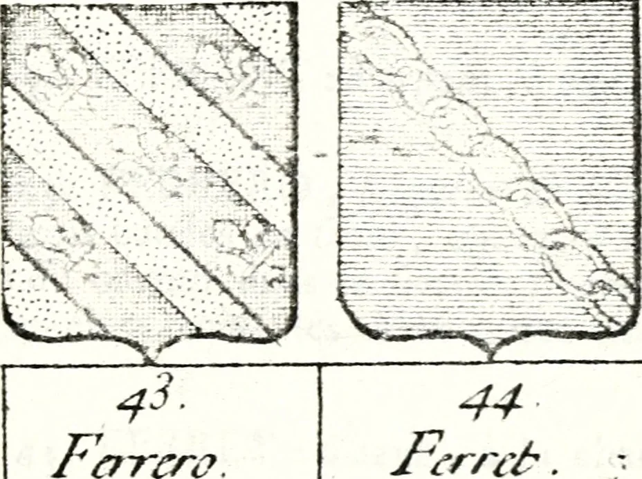 An illustration from Armorial des principales maisons et familles du royaume, particulierement des celles de Paris et de l'Isle de France : contenant les armes des princes, seigneurs, grands officiers de la couronne & de la maison du roi, celles des cours souveraines, &c. avec l'explication de tous les blasons, 1757, leaf 550