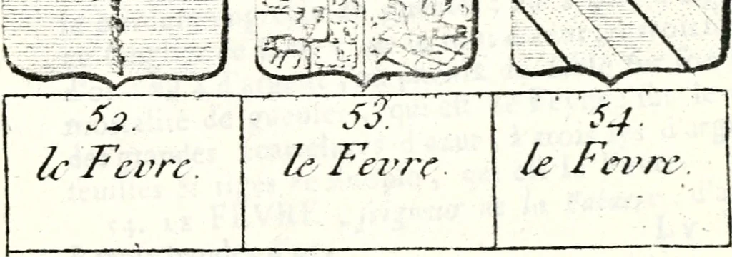 An illustration from Armorial des principales maisons et familles du royaume, particulierement des celles de Paris et de l'Isle de France : contenant les armes des princes, seigneurs, grands officiers de la couronne & de la maison du roi, celles des cours souveraines, &c. avec l'explication de tous les blasons, 1757, leaf 554