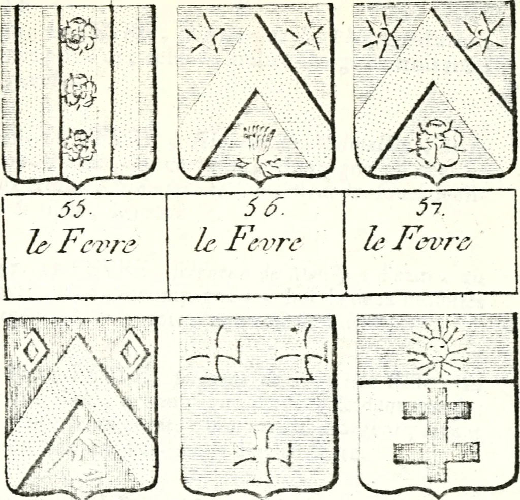 An illustration from Armorial des principales maisons et familles du royaume, particulierement des celles de Paris et de l'Isle de France : contenant les armes des princes, seigneurs, grands officiers de la couronne & de la maison du roi, celles des cours souveraines, &c. avec l'explication de tous les blasons, 1757, leaf 558