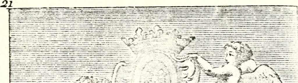An illustration from Armorial des principales maisons et familles du royaume, particulierement des celles de Paris et de l'Isle de France : contenant les armes des princes, seigneurs, grands officiers de la couronne & de la maison du roi, celles des cours souveraines, &c. avec l'explication de tous les blasons, 1757, leaf 56