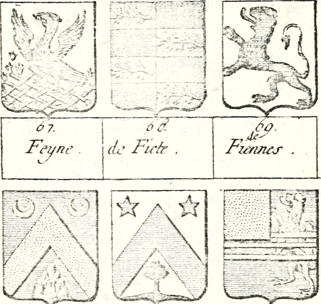 An illustration from Armorial des principales maisons et familles du royaume, particulierement des celles de Paris et de l'Isle de France : contenant les armes des princes, seigneurs, grands officiers de la couronne & de la maison du roi, celles des cours souveraines, &c. avec l'explication de tous les blasons, 1757, leaf 562